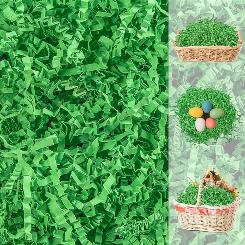Gloreyan 1/2LB Easter Grass Crinkle Cut Paper Shred, Green Raffia Paper Shred Filler Grass for Easter Gift Wrapping Basket Filling Party Supply - Image 4